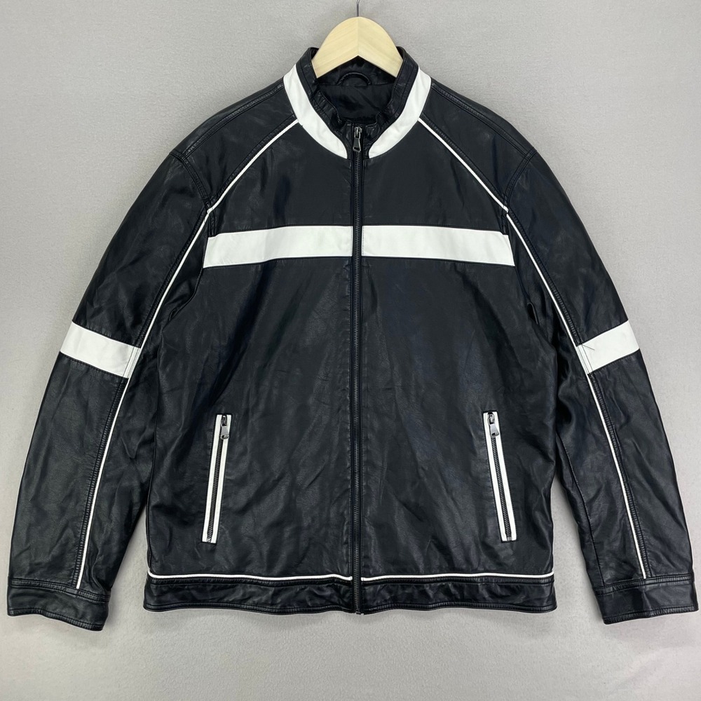 INC Cafe Racer Jacket Mens XL Black/White Vegan Leather Bomber‎ Biker Y2K Moto